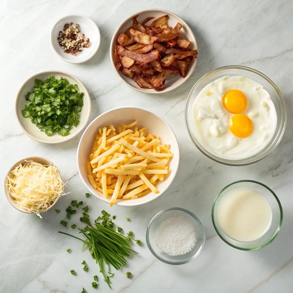 French Fry Breakfast Casserole How to Make It Irresistible 2 Organized ingredients for French Fry Breakfast Casserole displayed on marble countertop: golden frozen french fries, fresh eggs, shredded cheddar cheese, bacon strips, chopped chives, diced onions, garlic, milk, and sour cream in various bowls and measuring cups. Clean, professional arrangement with natural lighting.